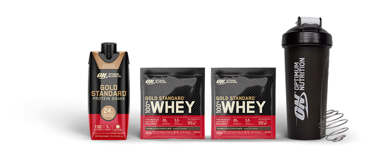 Optimum Nutrition protein starter kit with samples, drink carton and shaker bottle